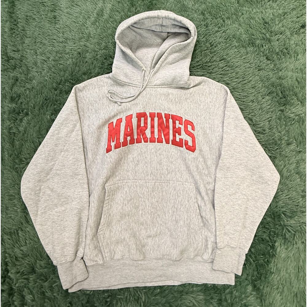 Vintage PRO-WEAVE Marines USMC Pullover Hoodie Sweatshirt Gray Red Embroidered M
